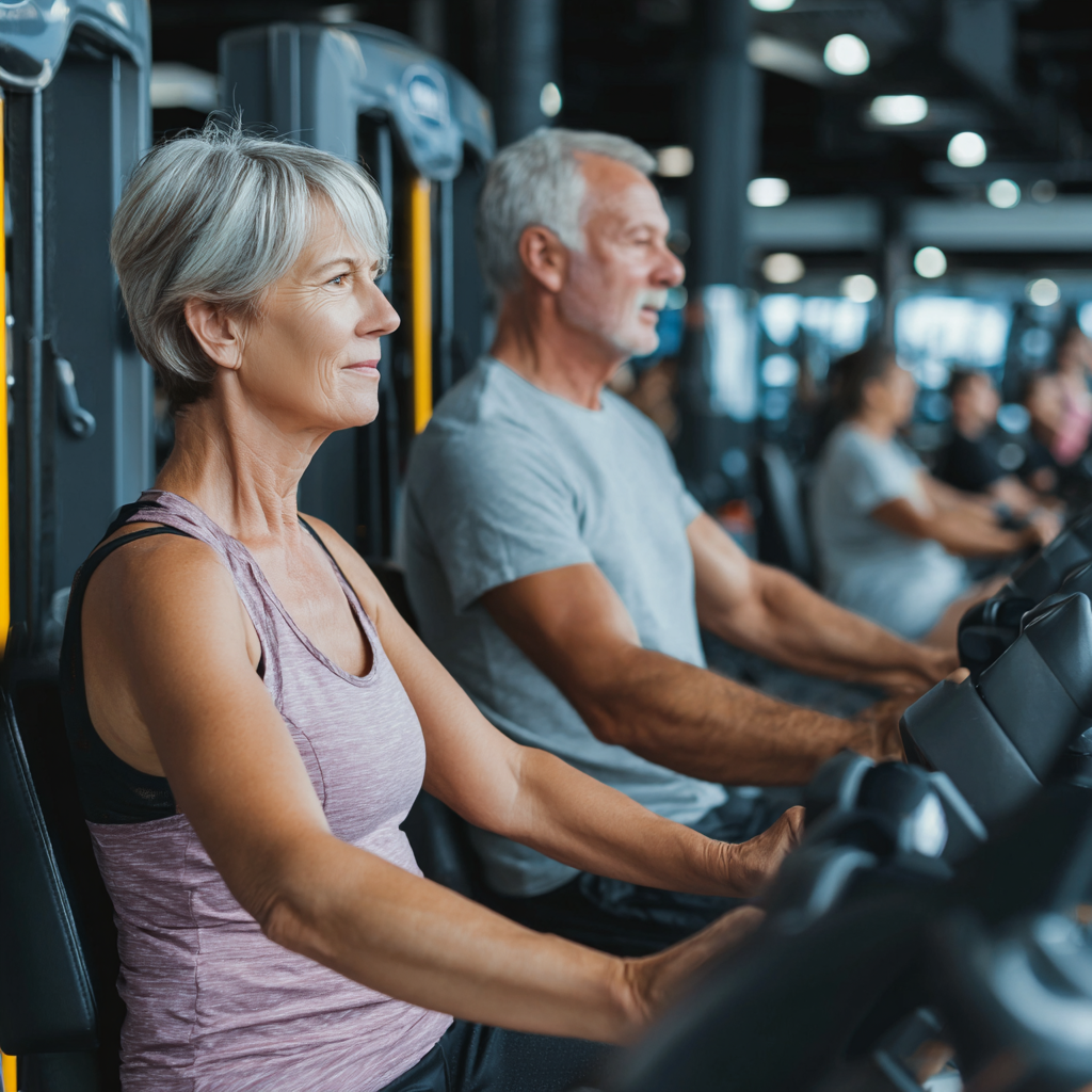 Modern fitness equipment and mature adults training in well-equipped gym