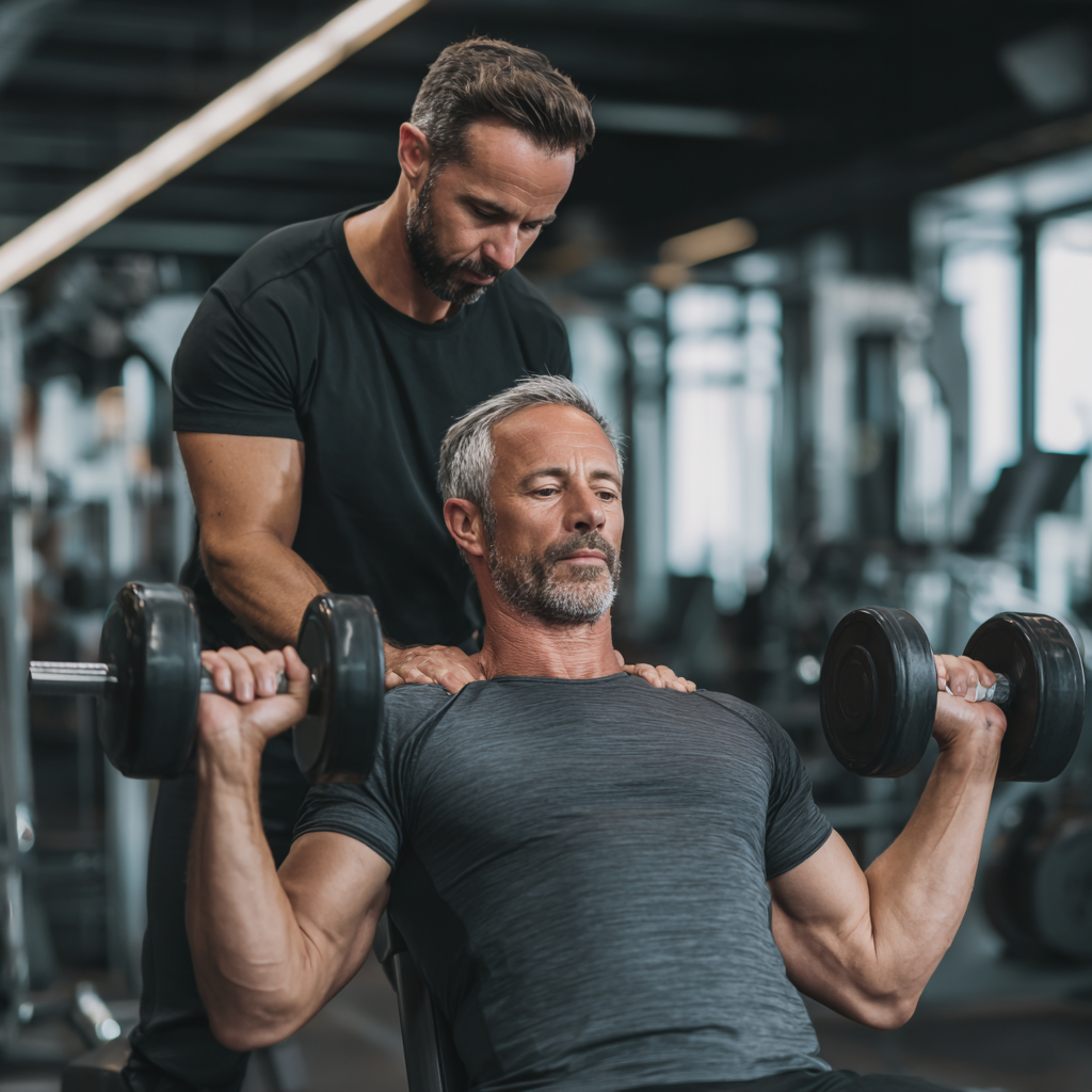 Professional fitness trainer working with middle-aged client in modern gym